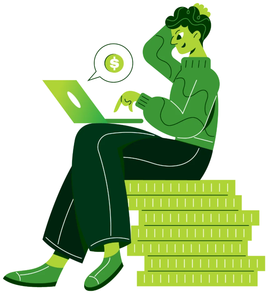Illustration of a business owner working on a laptop on a stack of coins