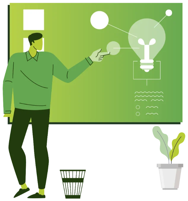 Illustration of a person presenting an energy saving idea on a board