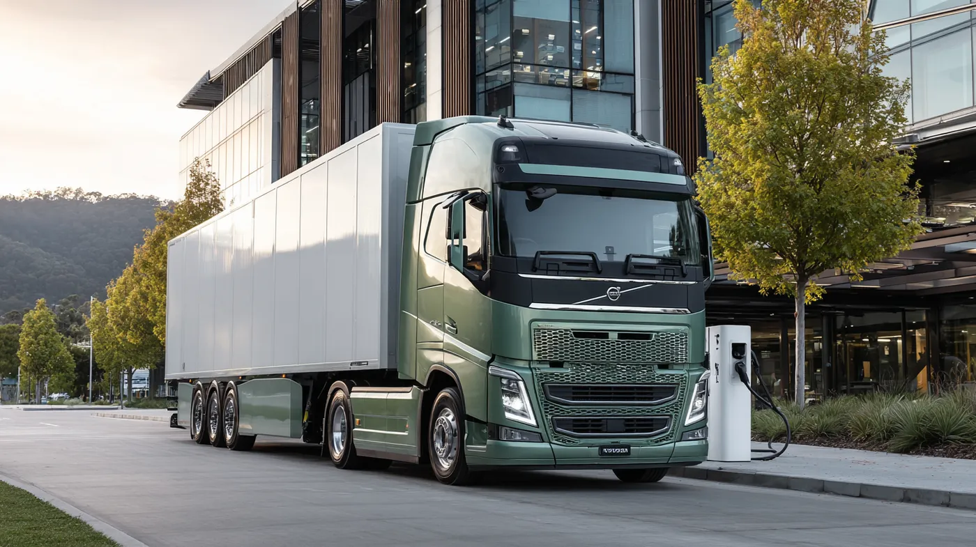 An electric truck parked at a charging station